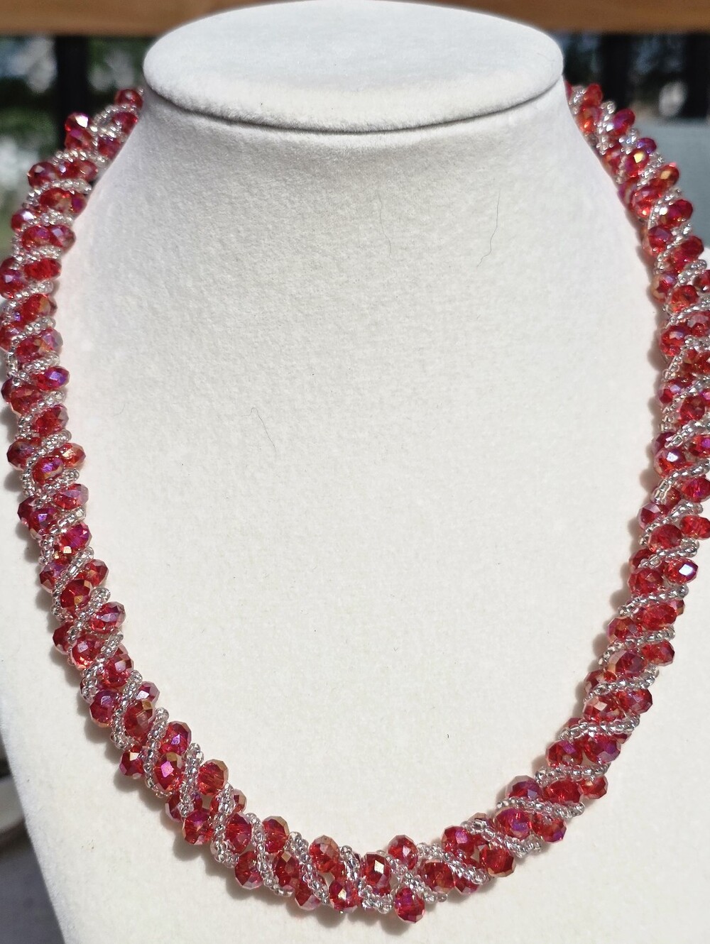 Handmade Red Crystal Beaded Rope Necklace, 18" Russian Spiral Statement Necklace